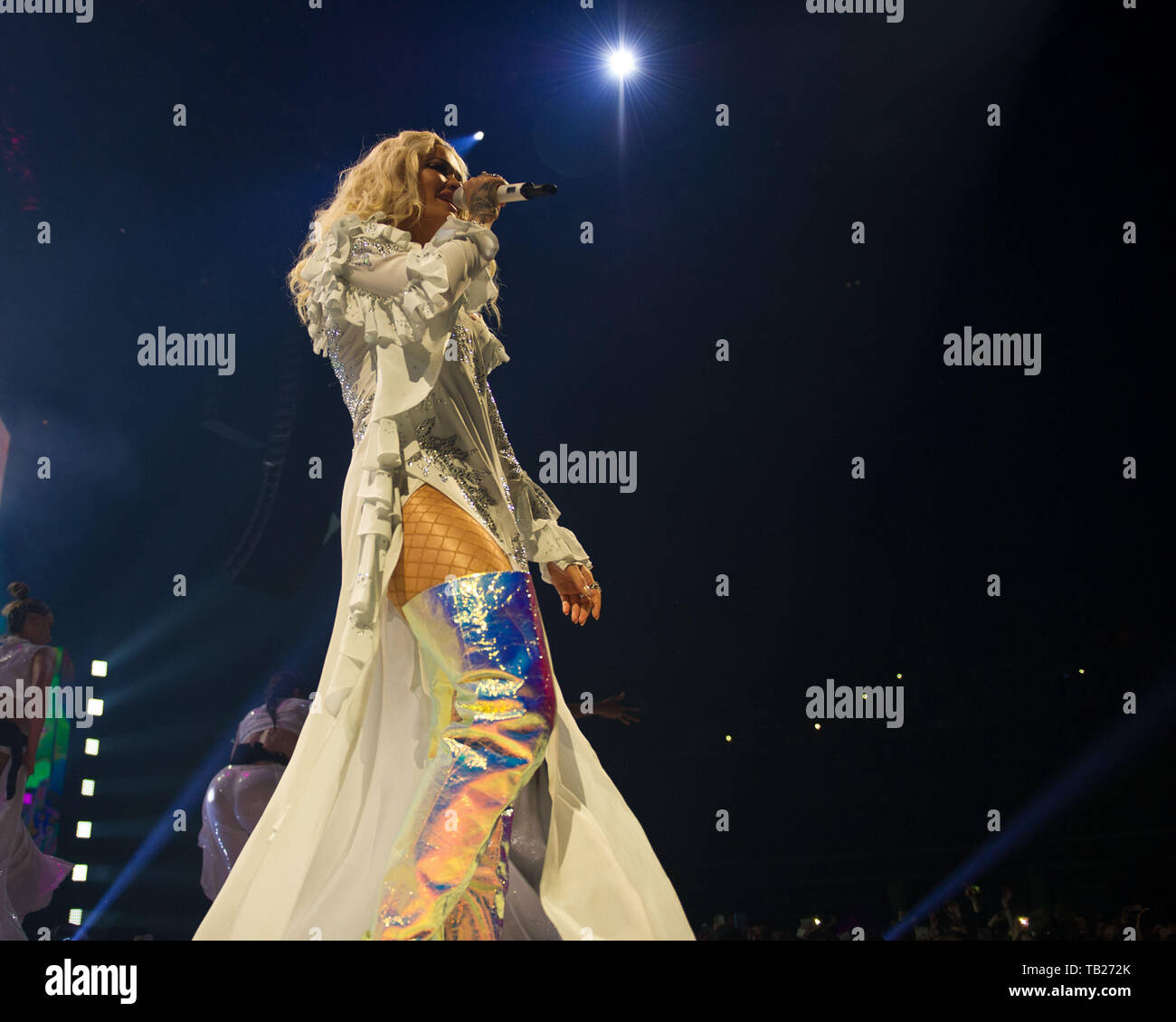 Glasgow, UK. 29 May 2019. Rita Ora in Concert at the SSE Hydro Arena in Glasgow.  The singer’s latest release,’ Let You Love Me’, became her 13th Top 10 on the Official Singles Chart. It means Rita set a new UK chart record for the most Top 10 singles by a British female artist. The star overtook music icons Shirley Bassey and Petula Clark, who each lay claim to 12 Top 10 hits.  Colin Fisher/Alamy Live News Stock Photo