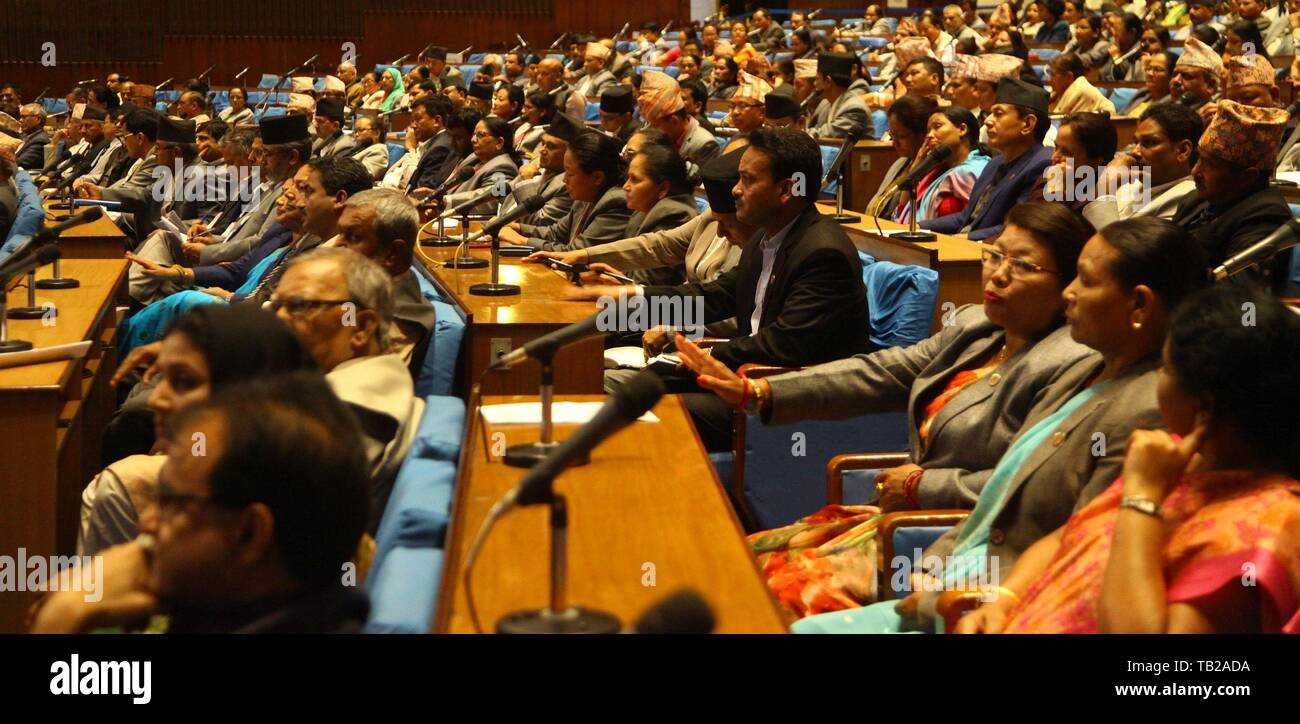 Kathmandu, Nepal. 29th May, 2019. Nepali lawmakers attend the session of announcement of Nepal Government's budget for the fiscal year 2019/2020 at federal parliament in Kathmandu, Nepal, on May 29, 2019. Credit: Sunil Sharma/Xinhua/Alamy Live News Stock Photo