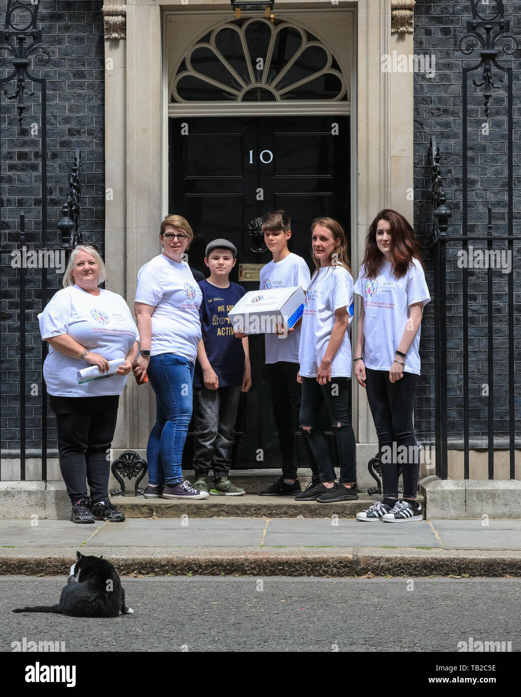 London, UK. 30th May, 2019. Young People from 'SEND' hand over the petition at Downing Street, and are joined by Palmerston, Chief Mouser of the Foreign & Commonwealth Office. Hundreds of parents, carers, pupils and young people with disabilities protest in Westminster to highlight a funding crisis in Special Education Needs and Disabilities (SEND). SEND National Crisis, a campaign group deliver a petition to Downing Street before joining the protest. 25 other locations around the country stage similar events. Credit: Imageplotter/Alamy Live News Stock Photo