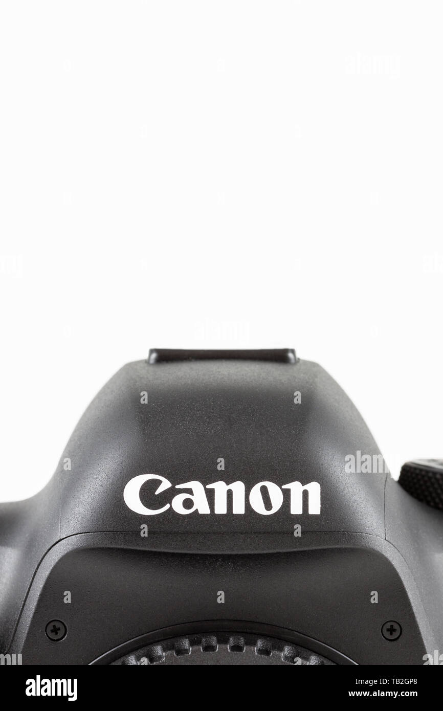 Canon 5D Mark IV DSLR Camera photographed against a white background. Stock Photo