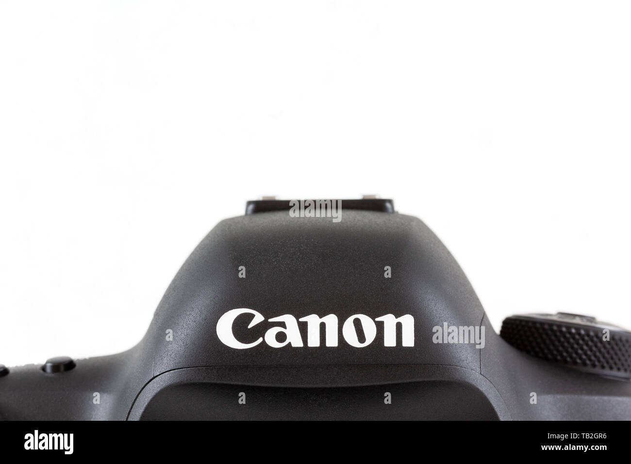Canon 5D Mark IV DSLR Camera photographed against a white background. Stock Photo