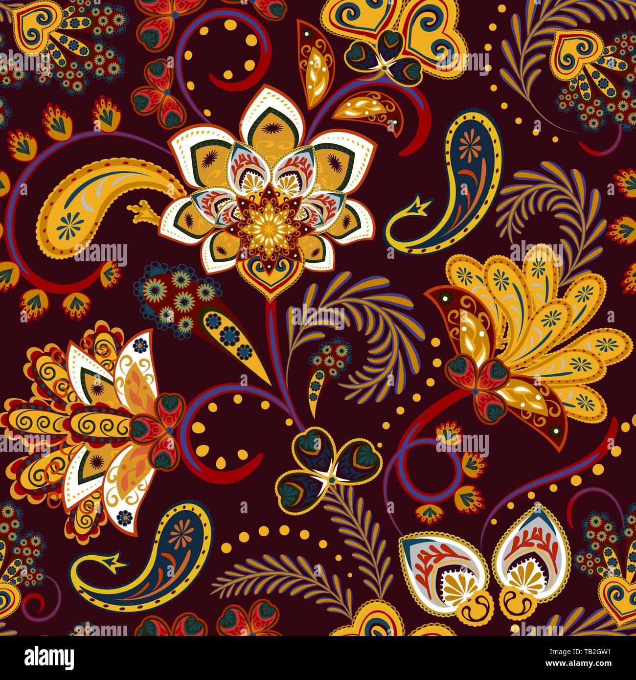 Seamless pattern with fantasy flowers, natural wallpaper, floral decoration curl illustration. Paisley print hand drawn elements. Home decor. Stock Vector