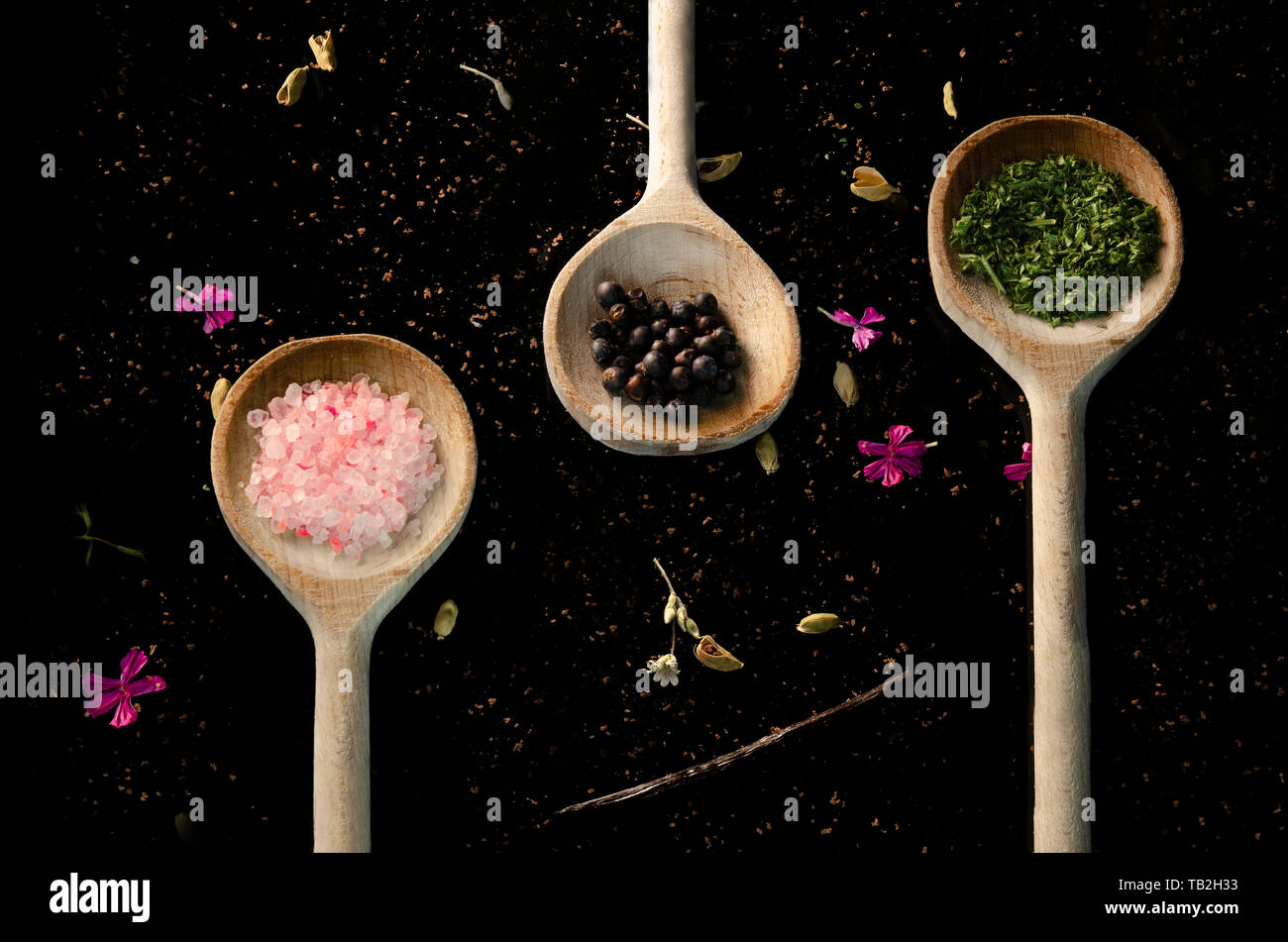 Colorful Herbs in Spoon. Himalaya Salt, Juniper Berries, Basil and Vanilla. Culinair food Stock Photo