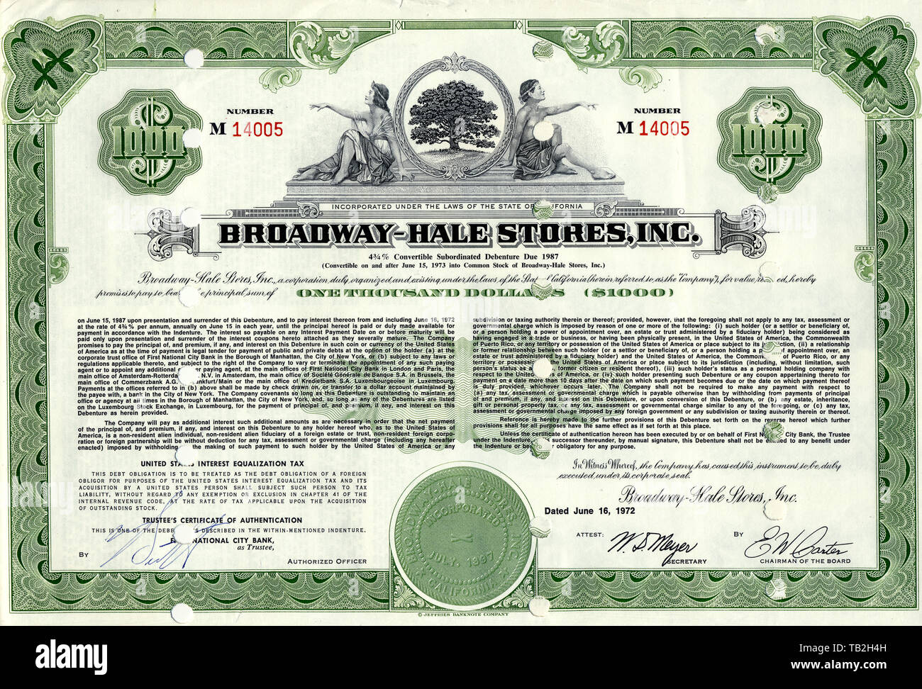 Historische Aktie, Allegorische Darstellung, Supermarktkette, Hale Brothers fusionierte mit Broadway Department Stores zu Broadway-Hale Stores Inc., späterer Name war Carter Hawley Hale Stores, 1972, Kalifornien, USA Stock Photo