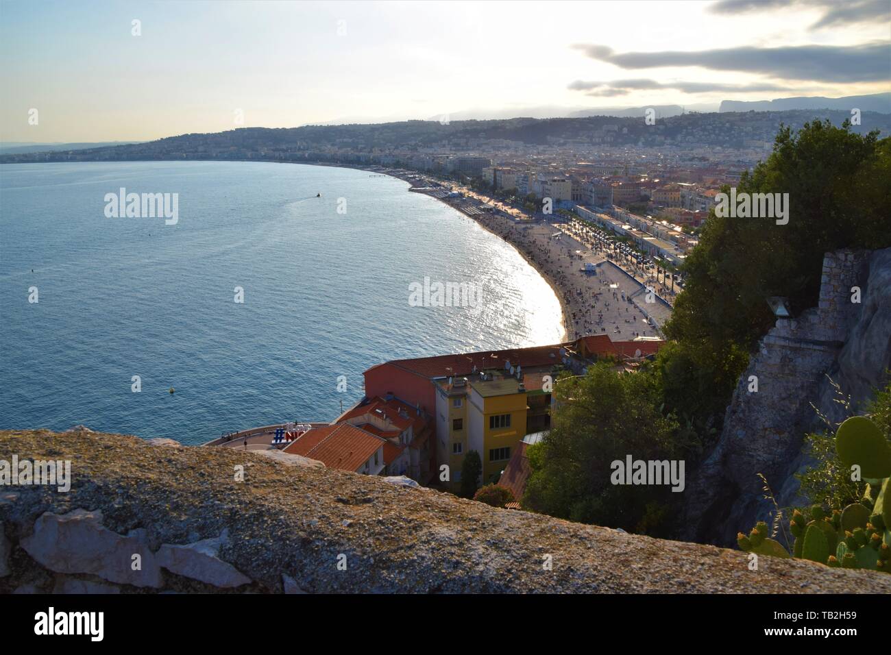 Panoramic view of sea, coast and town, Nice, South of France Stock Photo