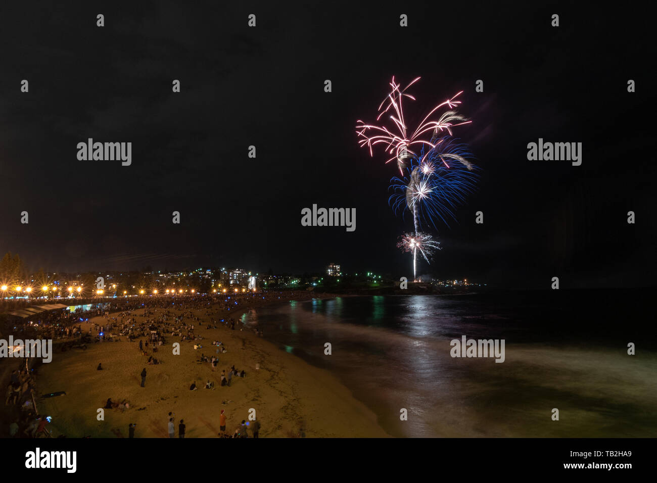 New year eve fireworks at coogee beach Australia Stock Photo