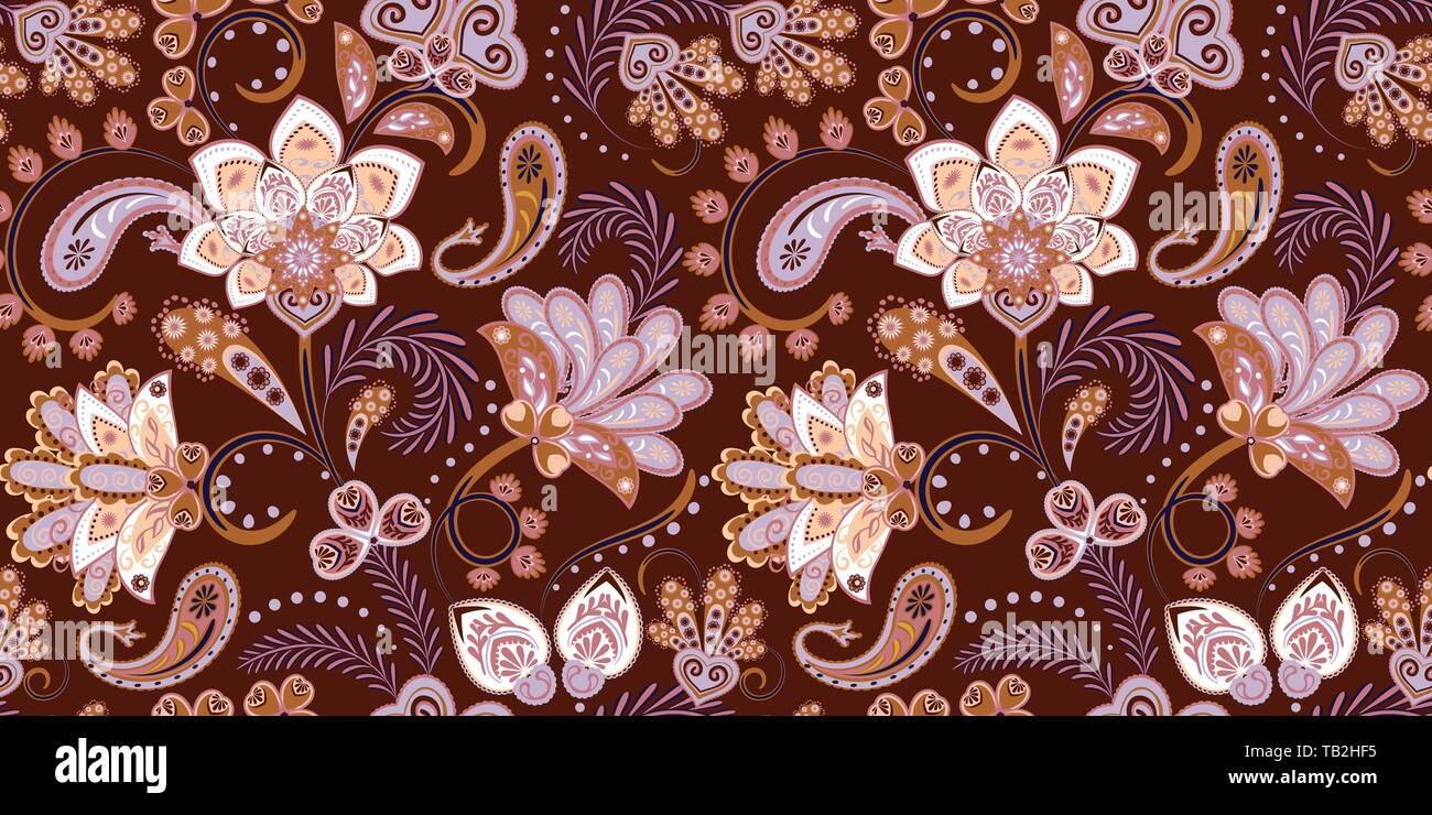 Seamless pattern with fantasy flowers, natural wallpaper, floral decoration curl illustration. Paisley print hand drawn elements. Home decor. Stock Vector