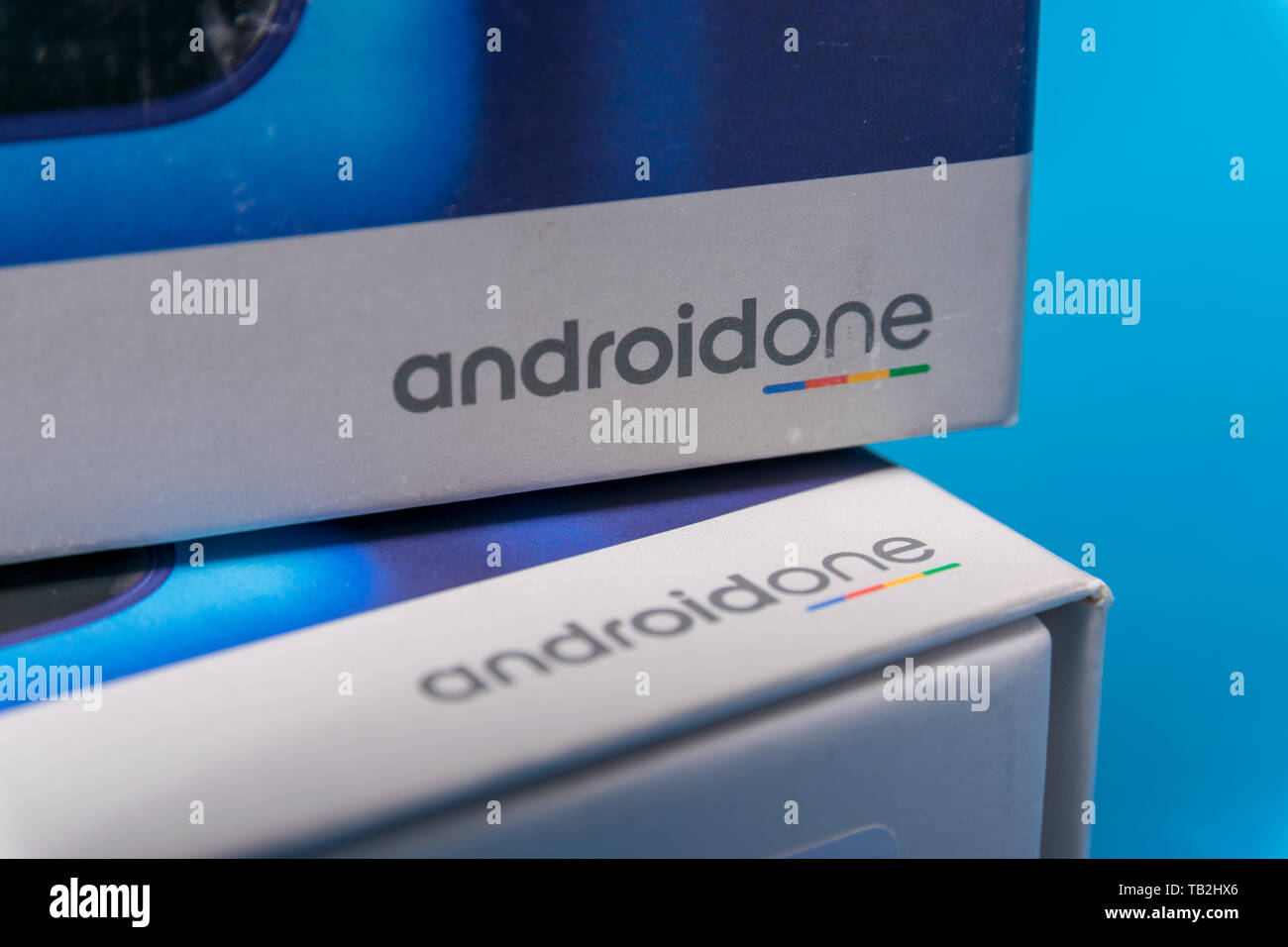 Cluj, Romania - May 13, 2019: Android One, a version of the Android operating system by Google. The Android One brand promises regular security update Stock Photo