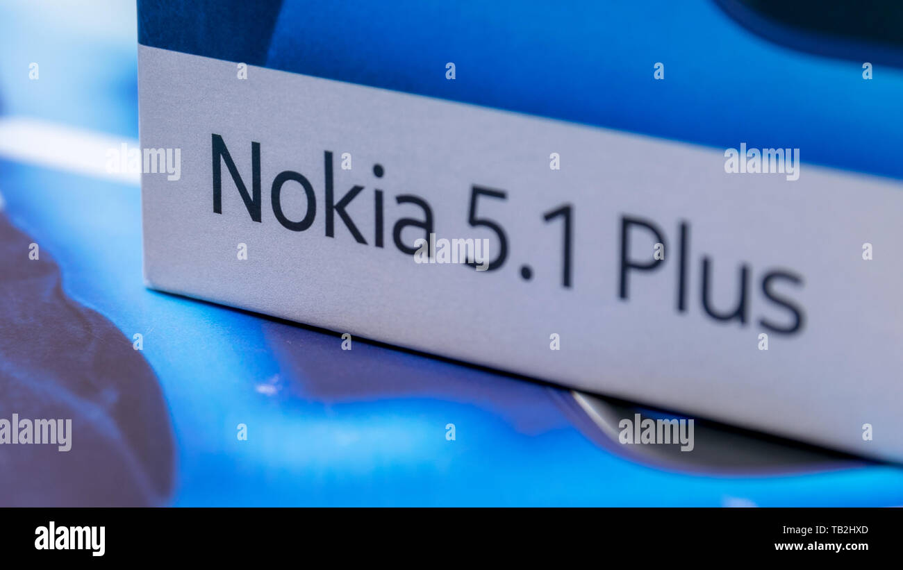 Cluj, Romania - May 13, 2019: Nokia 5.1 Plus smartphone box made by Nokia Corporation, a telecommunications, information technology, and consumer elec Stock Photo