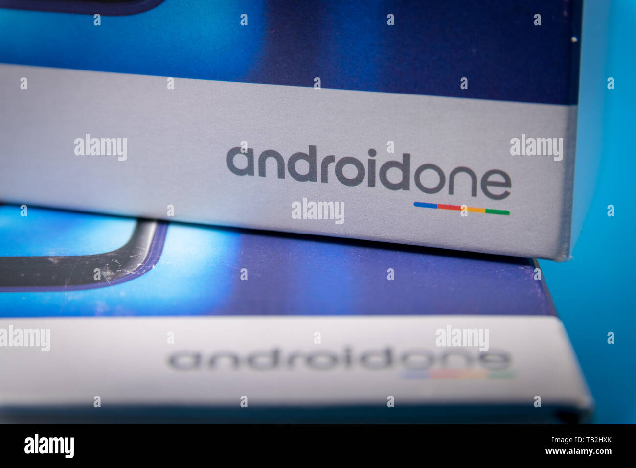 Cluj, Romania - May 13, 2019: Android One, a version of the Android operating system by Google. The Android One brand promises regular security update Stock Photo