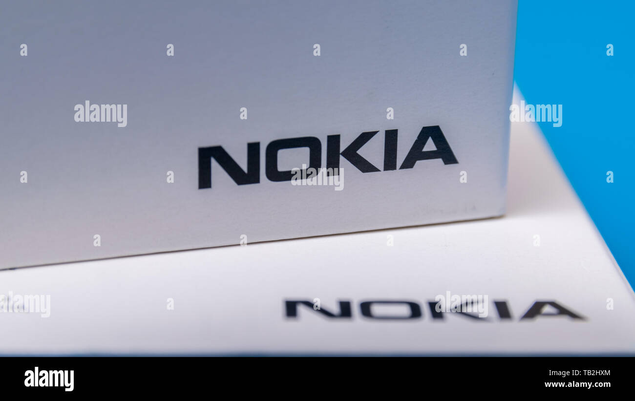 Cluj, Romania - May 13, 2019: Nokia logo on a smartphone box made by Nokia Corporation, a telecommunications, information technology, and consumer ele Stock Photo