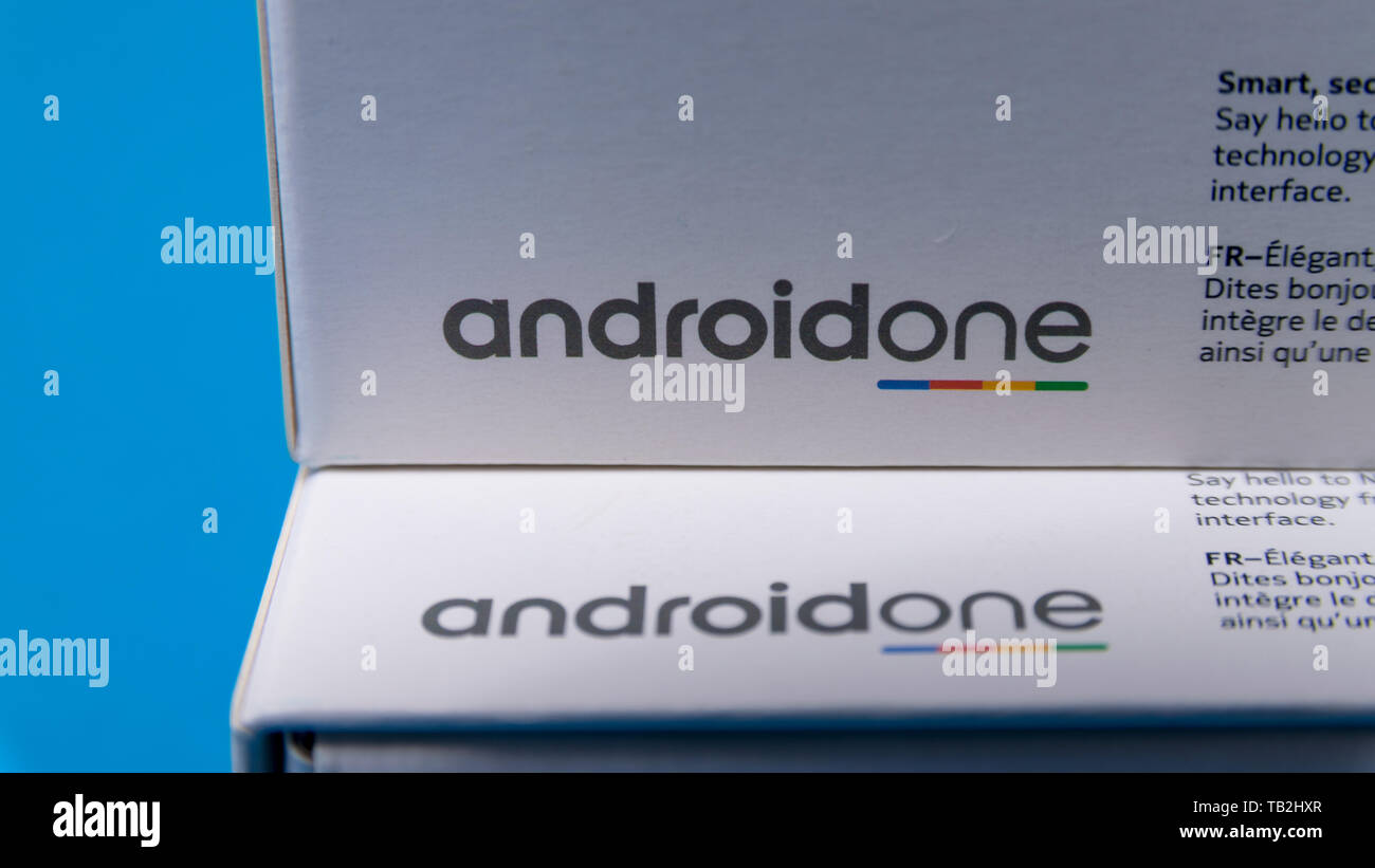 Cluj, Romania - May 13, 2019: Android One, a version of the Android operating system by Google. The Android One brand promises regular security update Stock Photo
