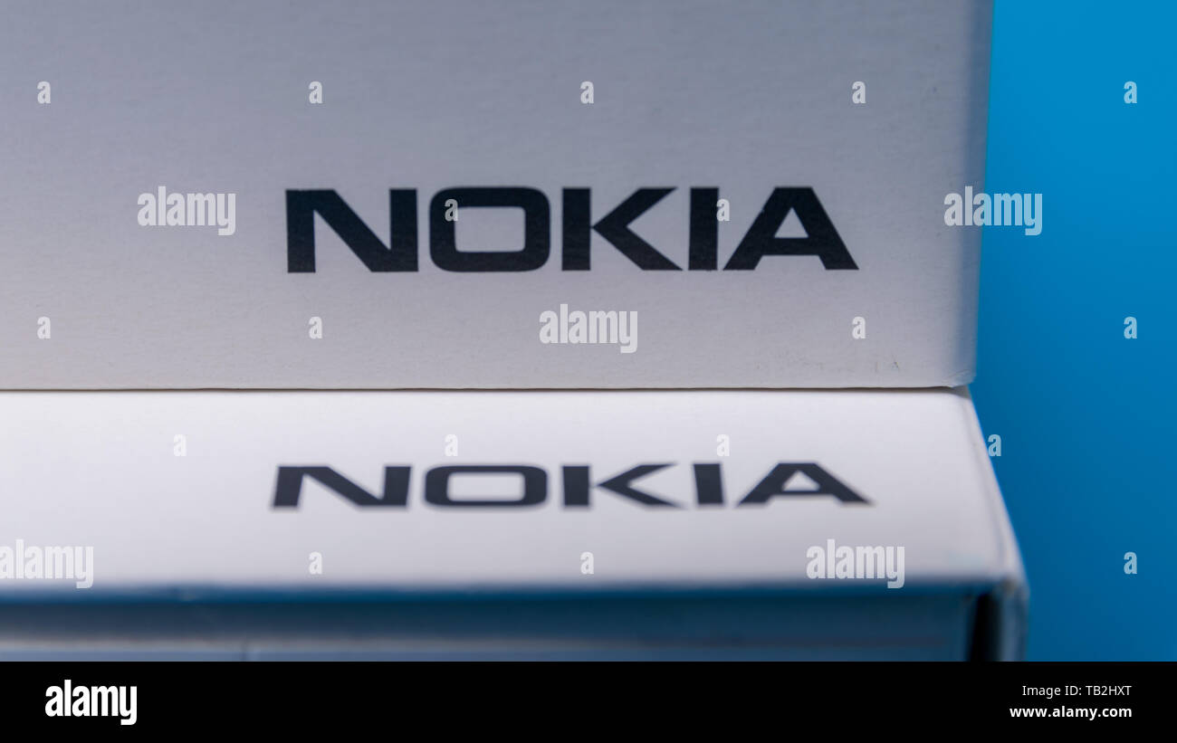 Cluj, Romania - May 13, 2019: Nokia logo on a smartphone box made by Nokia Corporation, a telecommunications, information technology, and consumer ele Stock Photo