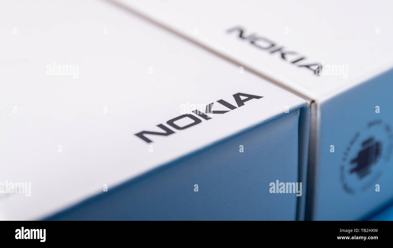 Cluj, Romania - May 13, 2019: Nokia logo on a smartphone box made by Nokia Corporation, a telecommunications, information technology, and consumer ele Stock Photo