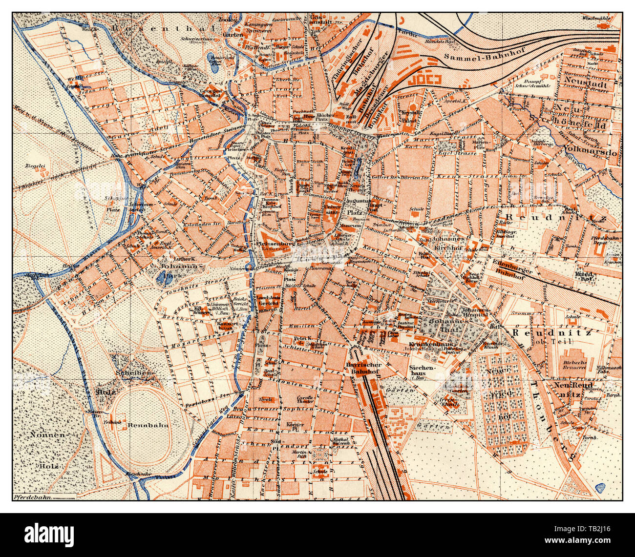 Historic map of Leipzig, Germany, 19th Century, Historische, zeichnerische Darstellung, Landkarte, Stadtplan von Leipzig, Deutschland, 19. Jahrhundert, aus Meyers Konversations-Lexikon, 1889 Stock Photo