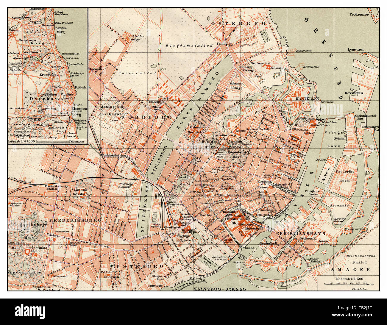 Historic map of Copenhagen, Denmark, 19th Century, Historische, zeichnerische Darstellung, Landkarte, Stadtplan von Kopenhagen, Dänemark, 19. Jahrhundert, aus Meyers Konversations-Lexikon, 1889 Stock Photo