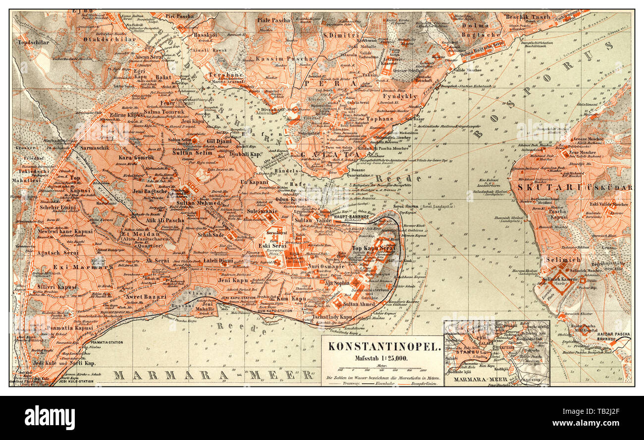 Historic map of Constantinople, Istanbul, Turkey, 19th Century, Historische, zeichnerische Darstellung, Landkarte, Stadtplan von Konstantinopel, Istanbul, Türkei, 19. Jahrhundert, aus Meyers Konversations-Lexikon, 1889 Stock Photo