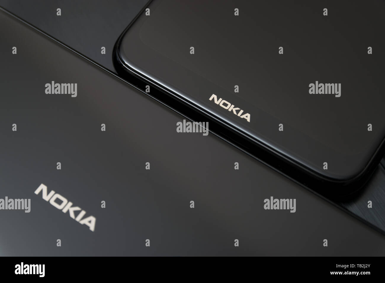 Cluj, Romania - May 13, 2019: Nokia smartphone made by Nokia Corporation, a Finnish multinational telecommunications, information technology, and cons Stock Photo