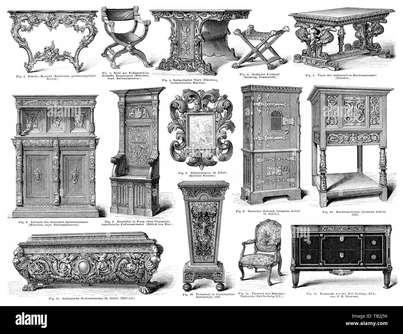 furniture styles from the Rococco, Renaissance, late Gothic and Gothic Stock Photo
