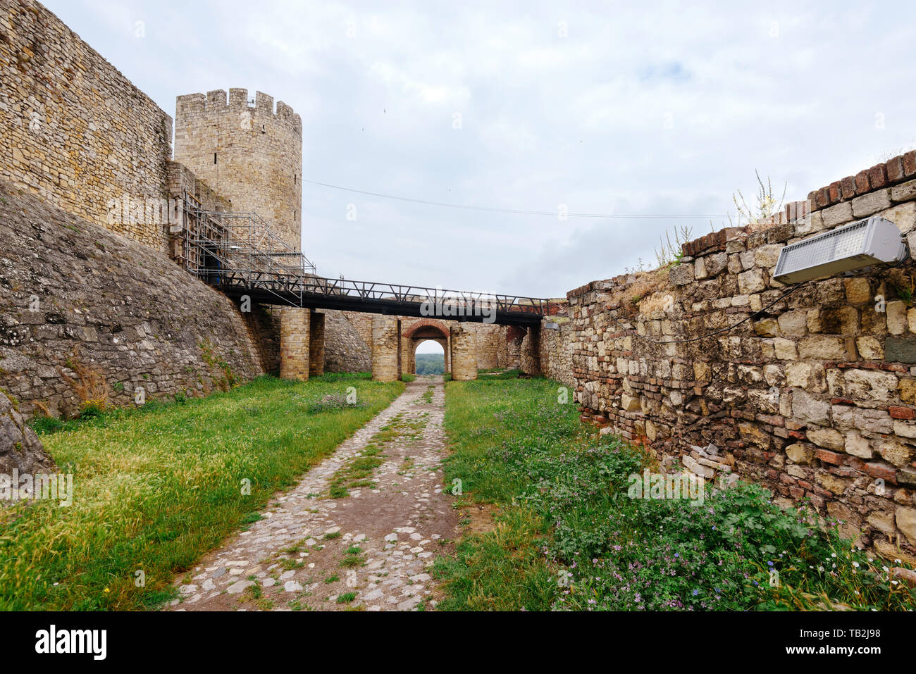 Belgrade, Serbia - June 16, 2018. Belgrade fortress Kalemegdan, fortification walls with ruins, bridge and tower buildings. Serbian medieval citadel,  Stock Photo