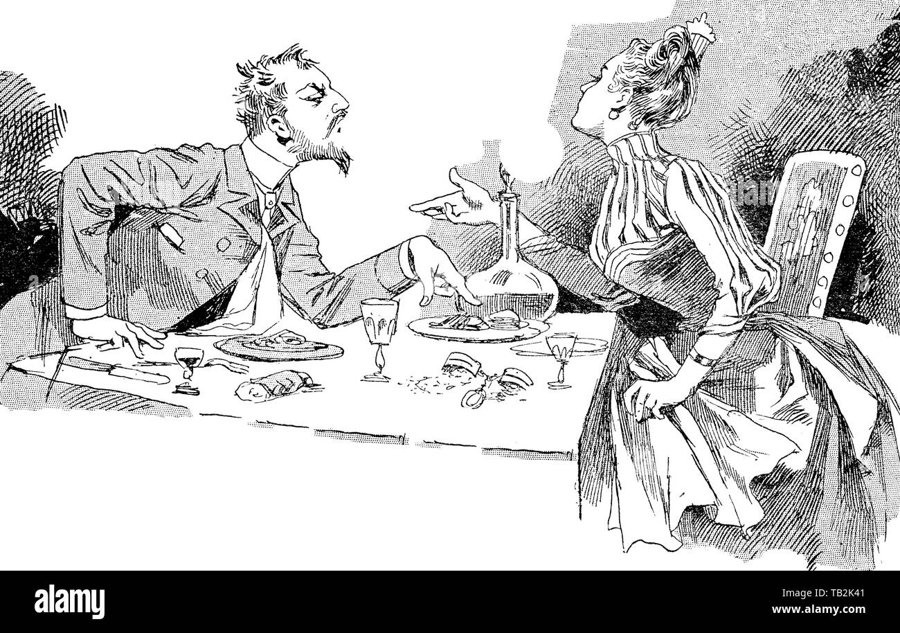 Vintage caricature: a couple is arguing at the table indifferent to the food and drink Stock Photo