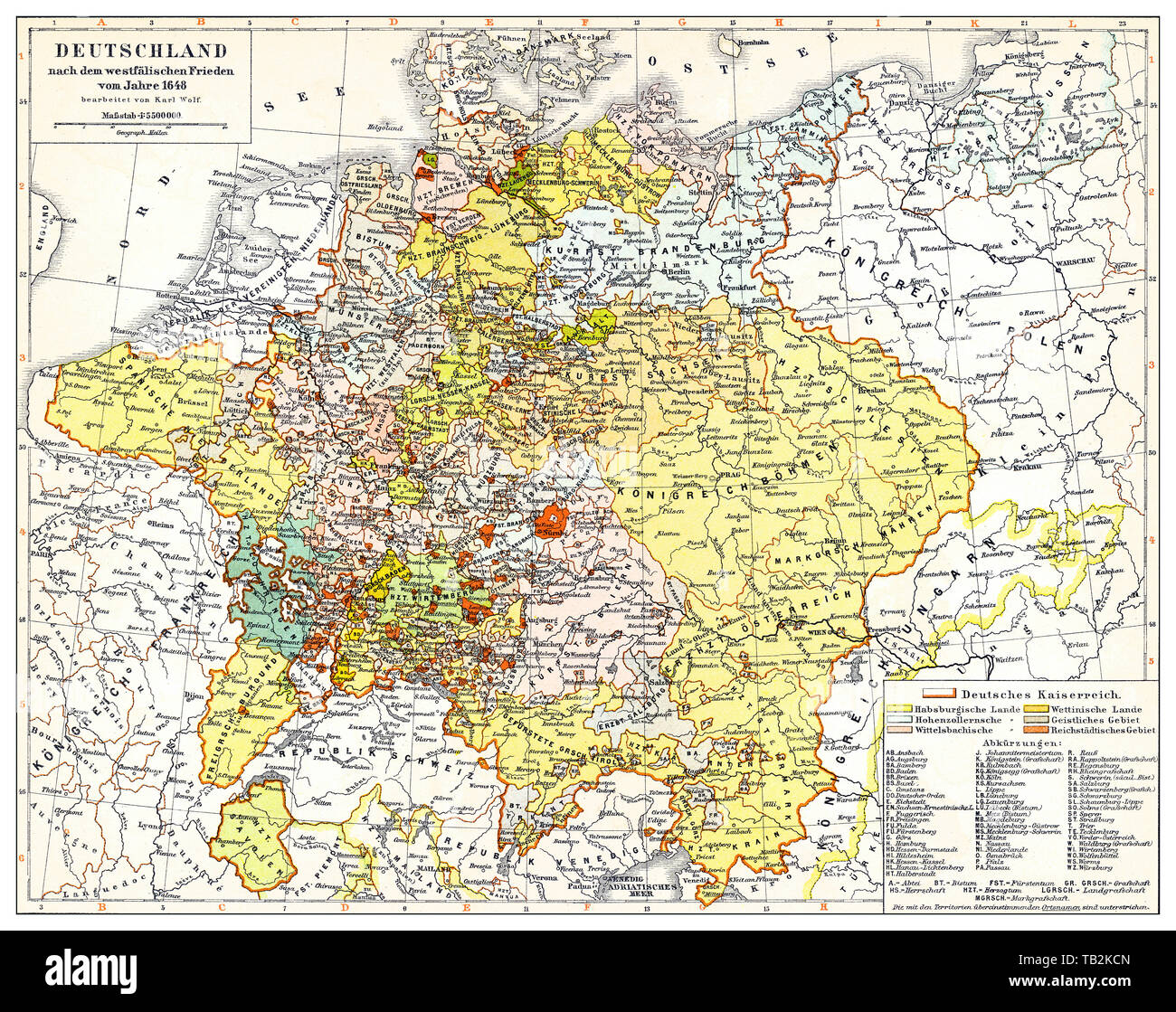 Historical map of Germany and Europe after the Peace of Westphalia, 1648, 17th Century, Landkarte von Deutschland und Europa nach dem Westfälischen Frieden, 1648, Stock Photo