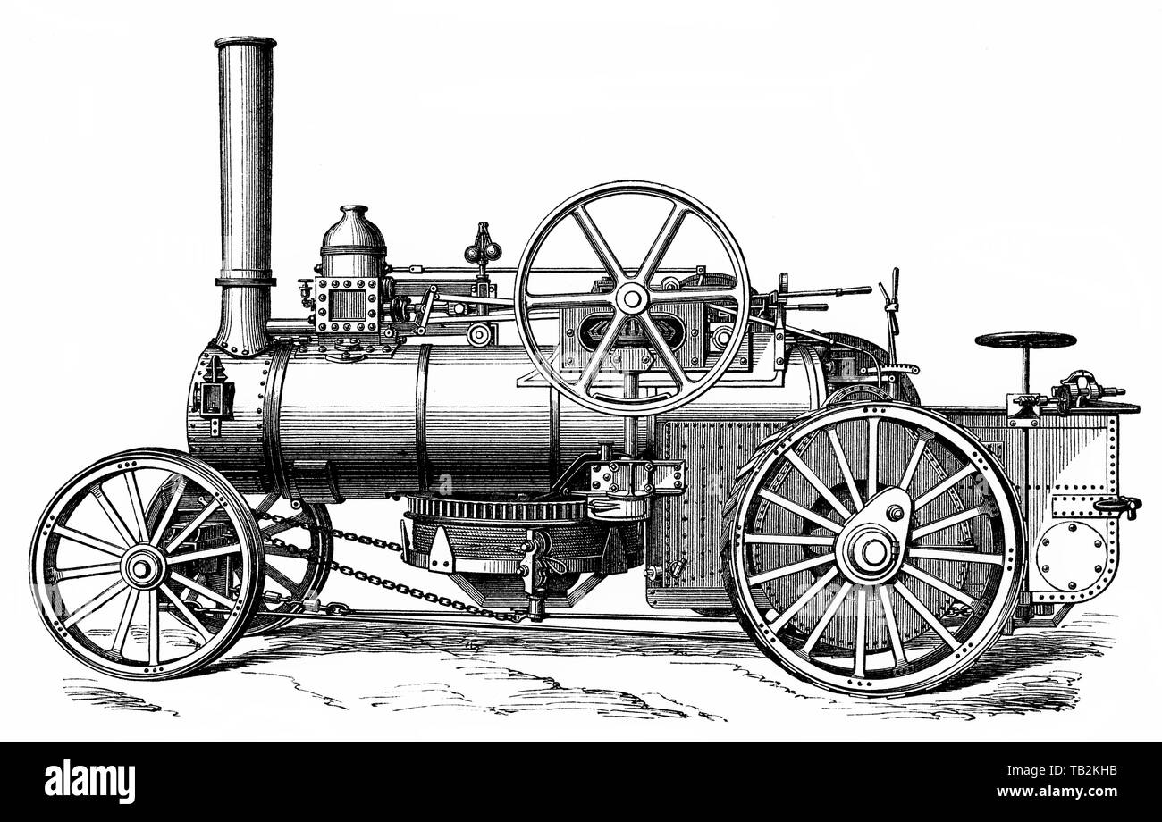Steam plough, agricultural tractor or locomotive powered by a steam engine, 19th Century, Historische, zeichnerische Darstellung, Dampfpfug, landwirtschaftliche Lokomotive oder Traktor von einer Dampfmaschine angetrieben, 19. Jahrhundert, aus Meyers Konversations-Lexikon von 1890 Stock Photo