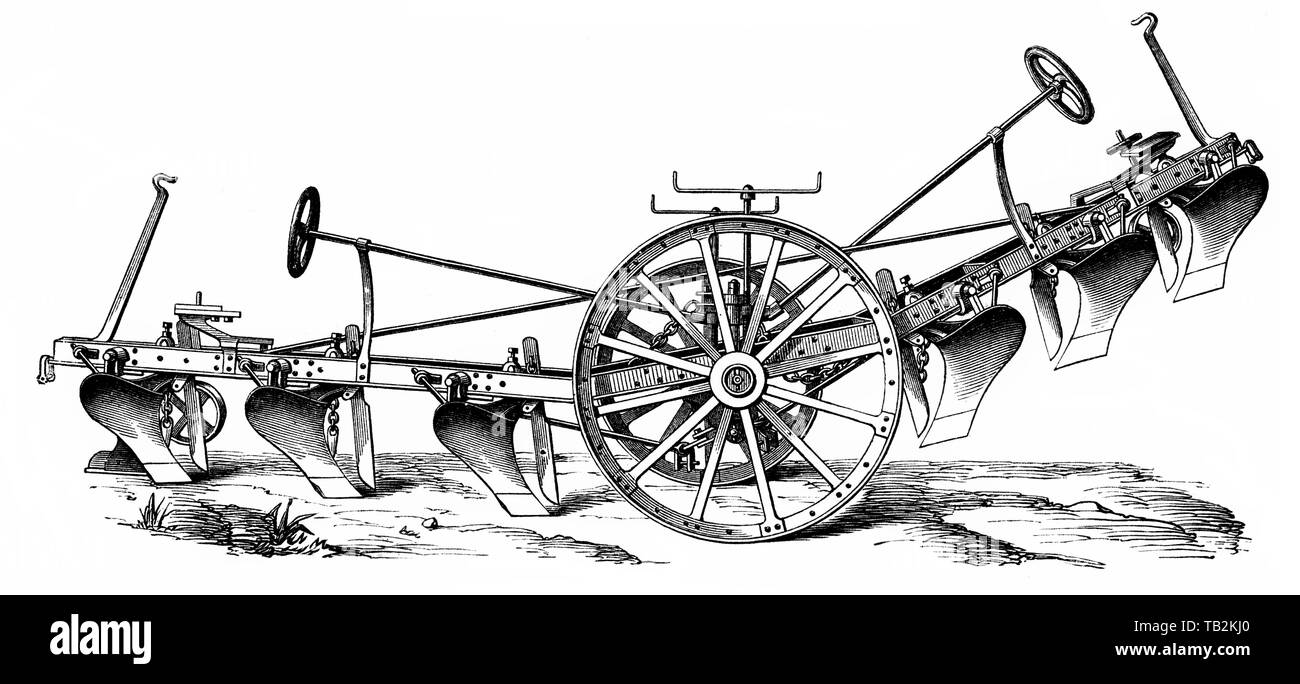 Cultivator or plough of an agricultural locomotive or tractor powered by a steam engine, dragged by a steam plough, 19th Century, Historische, zeichnerische Darstellung, Kultivator oder Pflug von einer landwirtschaftliche Lokomotive oder Traktor mit einer Dampfmaschine angetrieben gezogen, Dampfpfug, 19. Jahrhundert, aus Meyers Konversations-Lexikon von 1890 Stock Photo