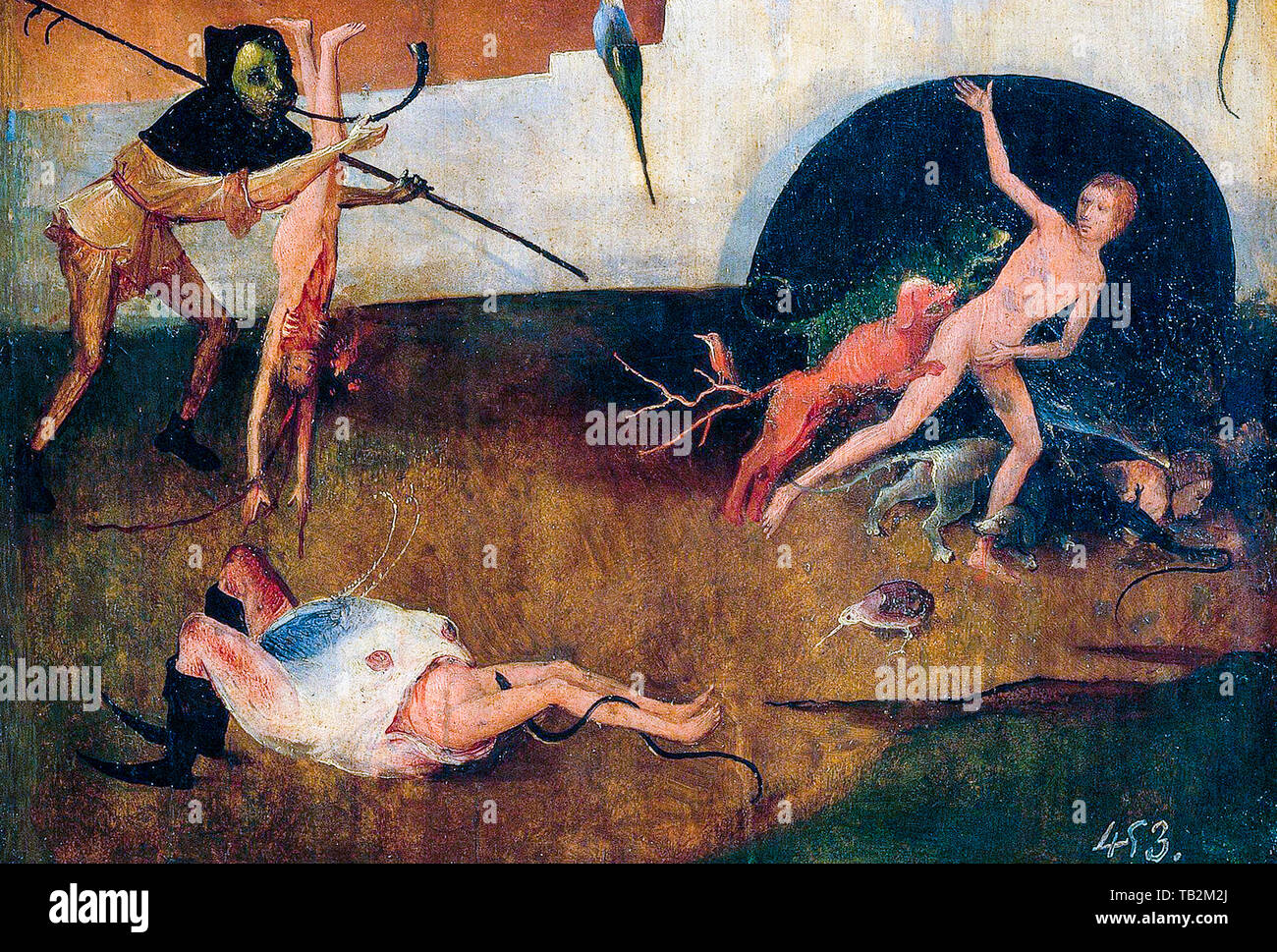 Hieronymus Bosch, The Hay Wagon (Prado), right panel, Detail, people being hunted, killed by demons, painting, circa 1516 Stock Photo