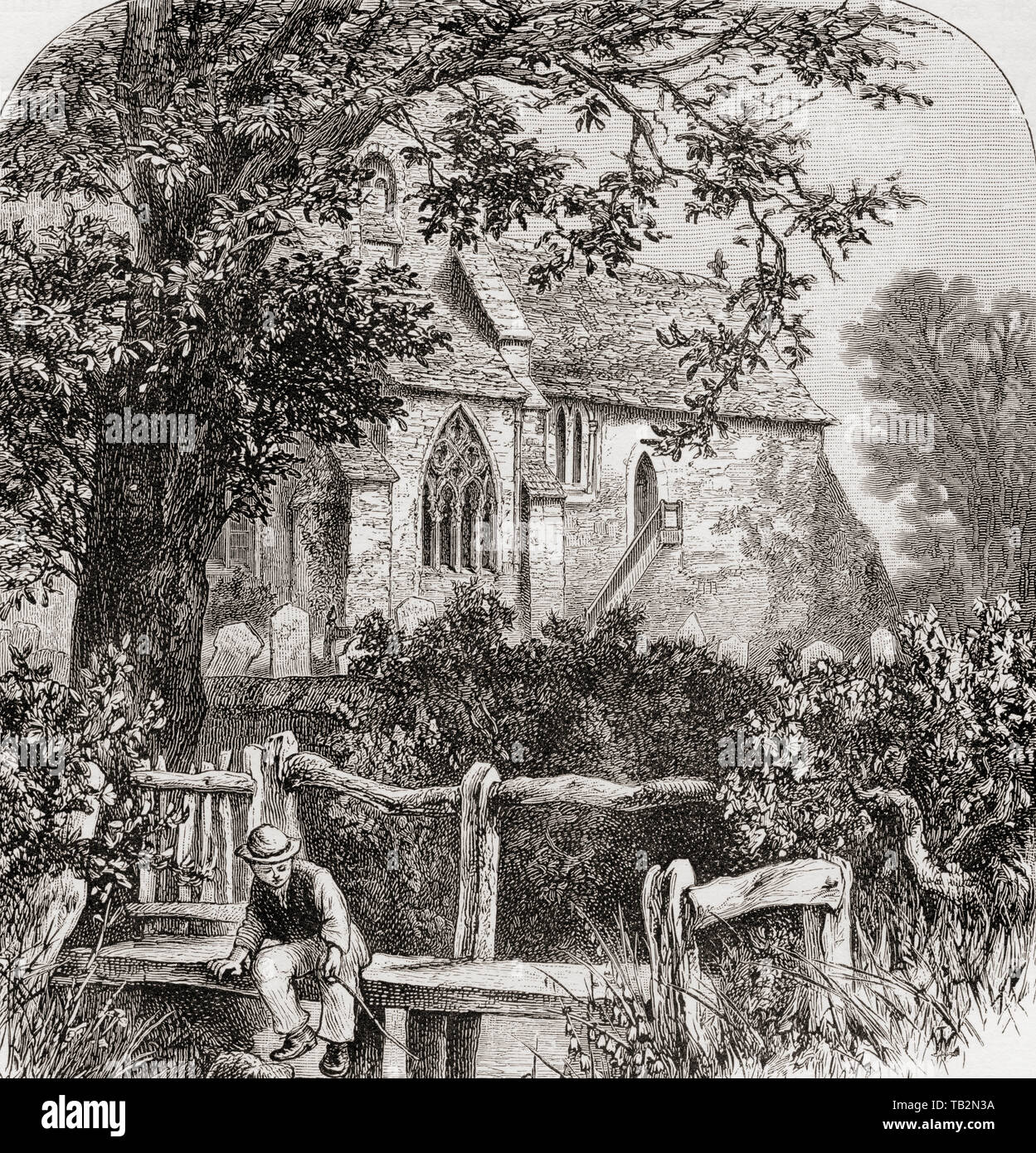 St James' Church, Shere, Guildford, Surrey, England, seen here in the 19th century. From English Pictures, published 1890. Stock Photo