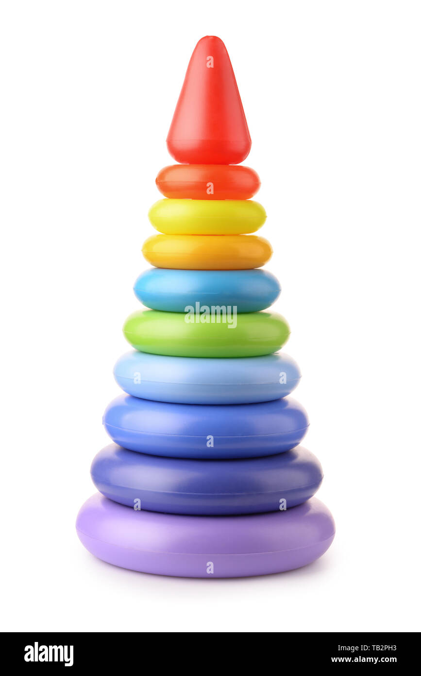 Front view of plastic toy stacking pyramid isolated on the white Stock Photo