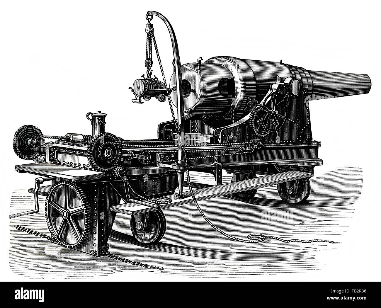 ring-mounted turret cannon from the German coastal artillery, 19th Century, Geschütze und Kanonen, Ringkanone in Küsten-Lafette, deutsches Küstengeschütz, 19. Jahrhundert, aus Meyers Konversations-Lexikon, 1889 Stock Photo