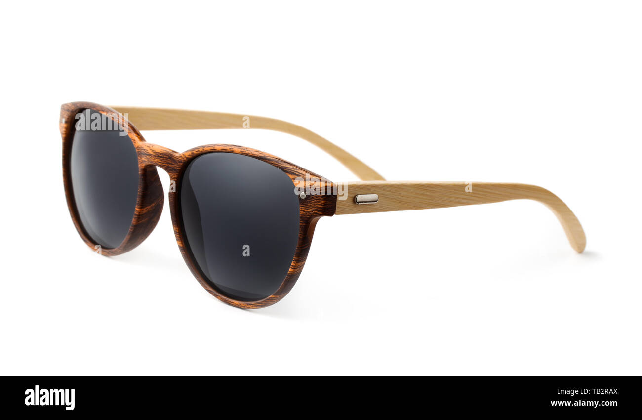 Wooden sunglasses isolated on white Stock Photo