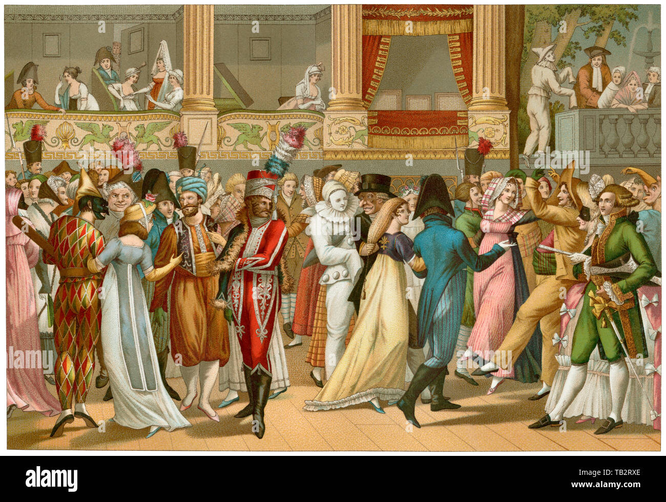 Costume ball at the Opera, Paris, early 1800s. Color lithograph Stock Photo