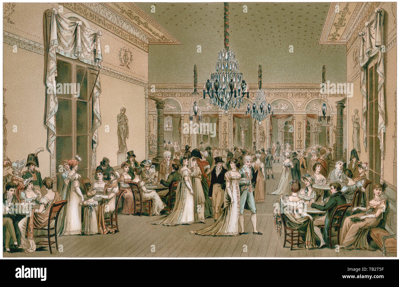 Grand salon in a villa of Frascati, Italy, late 1700s. Color lithograph Stock Photo