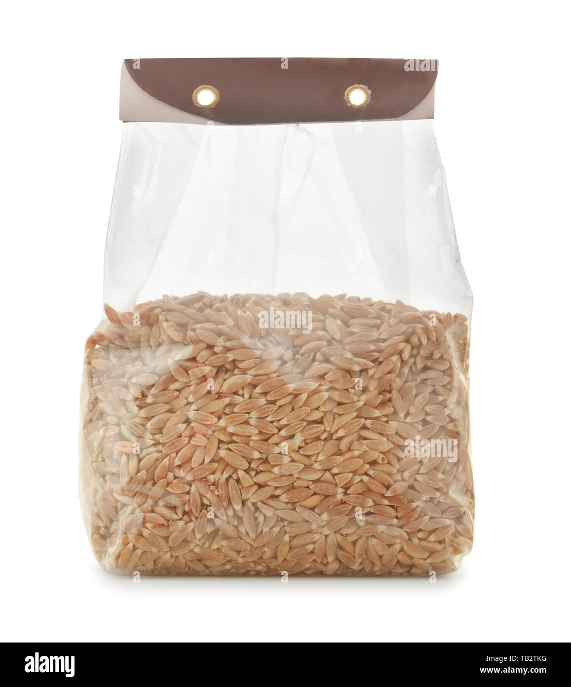 Plastic bag of spelt wheat isolated on white Stock Photo