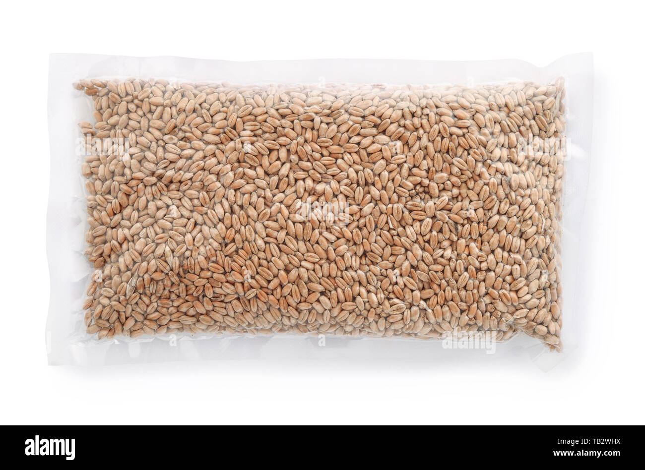Top view of wheat grains in airtight clear plastic bag isolated on white Stock Photo