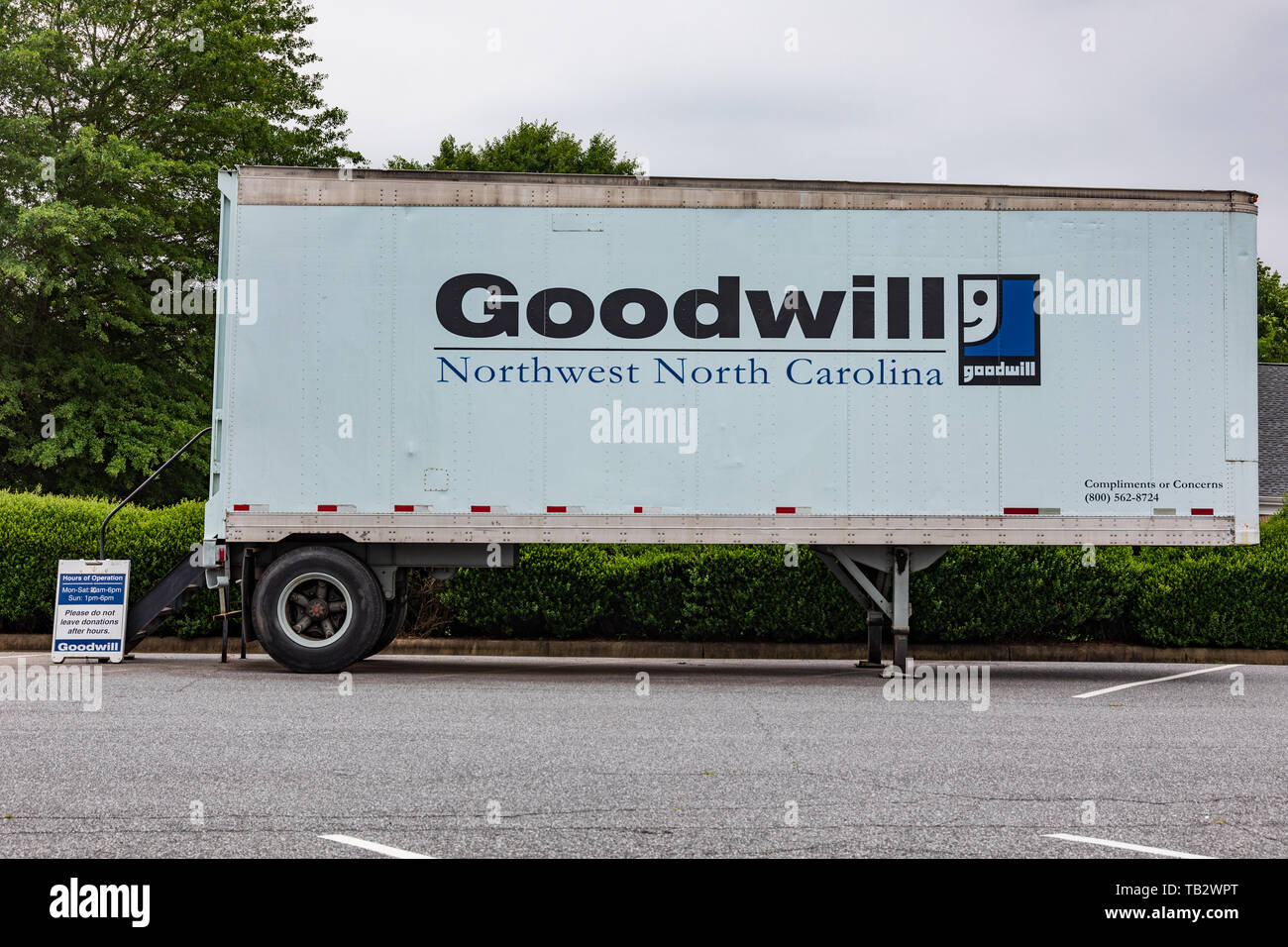 NEWTON, NC, USA--5/22/19: A Goodwill Industries trailer serving as a donation point for used and usable goods. Stock Photo