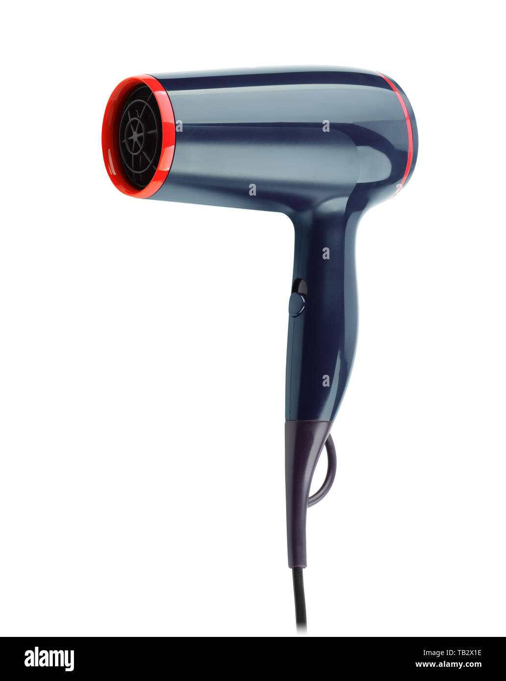 Compact blue electric hair dryer isolated on white Stock Photo