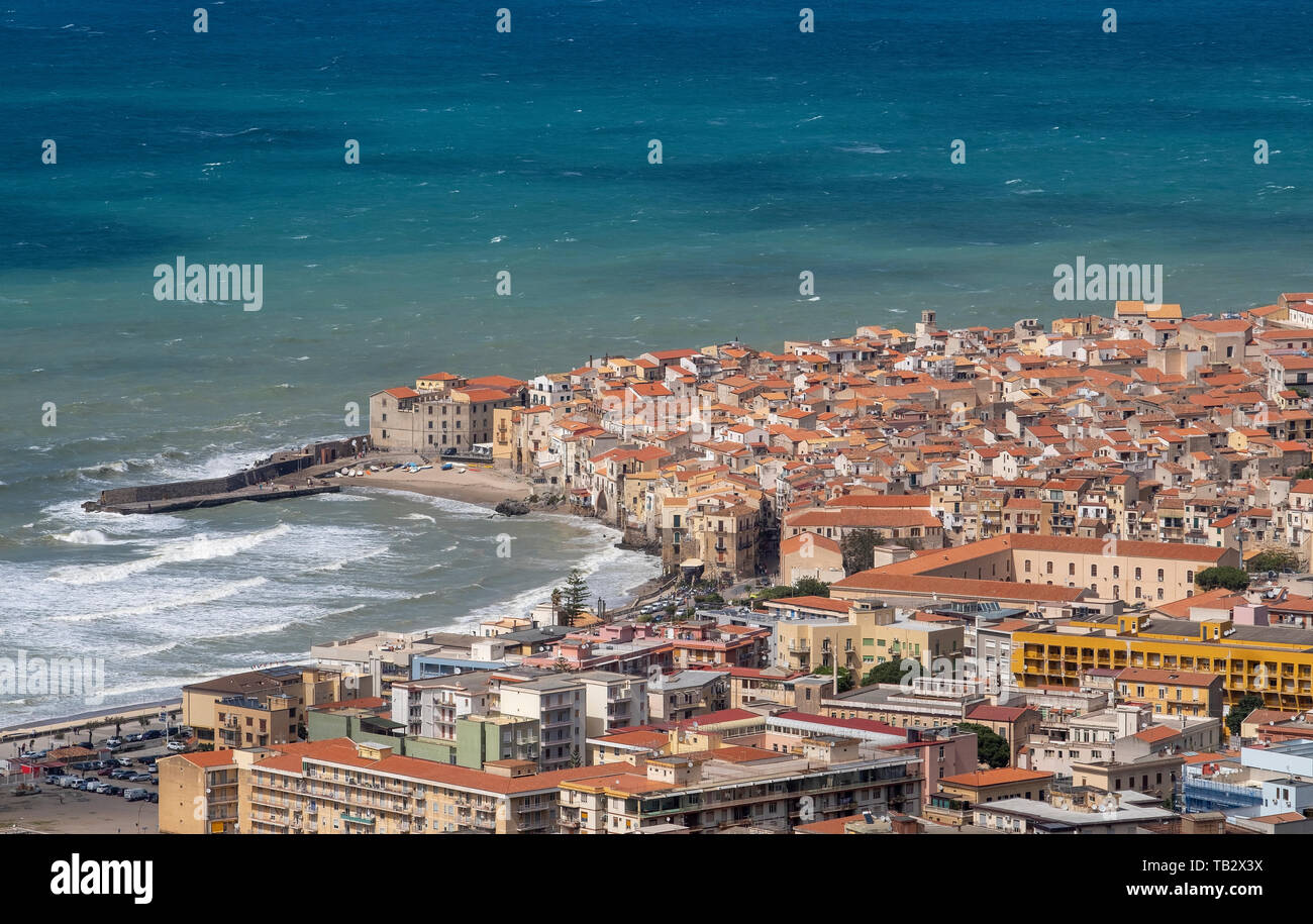 Elevated view of Cefalu old town, Sicily Stock Photo - Alamy