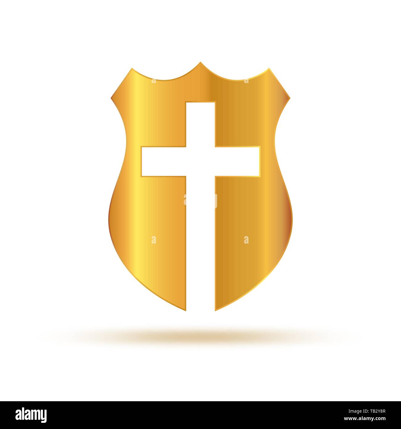 Shield with Christian Cross. Vector illustration. Creative gold Christian icon isolated. Stock Vector