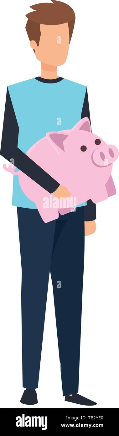 young man lifting piggy savings character Stock Vector Image & Art - Alamy
