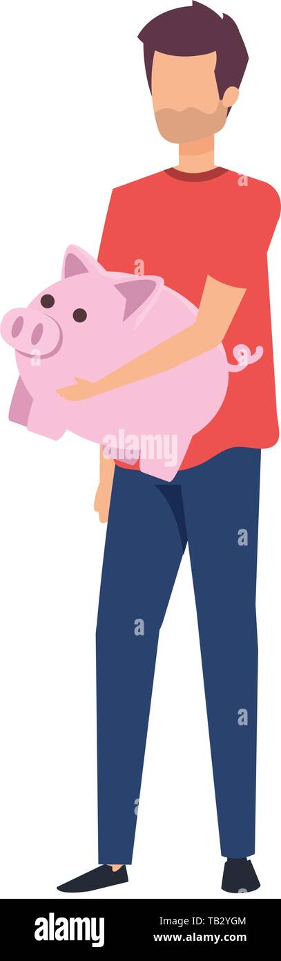 young man lifting piggy savings character Stock Vector Image & Art - Alamy