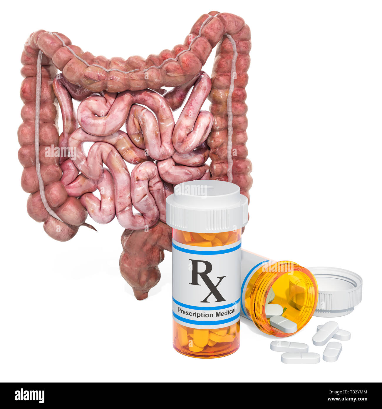 Bowel and drugs concept. Human intestines with medical bottles and pills, 3D rendering isolated on white background Stock Photo