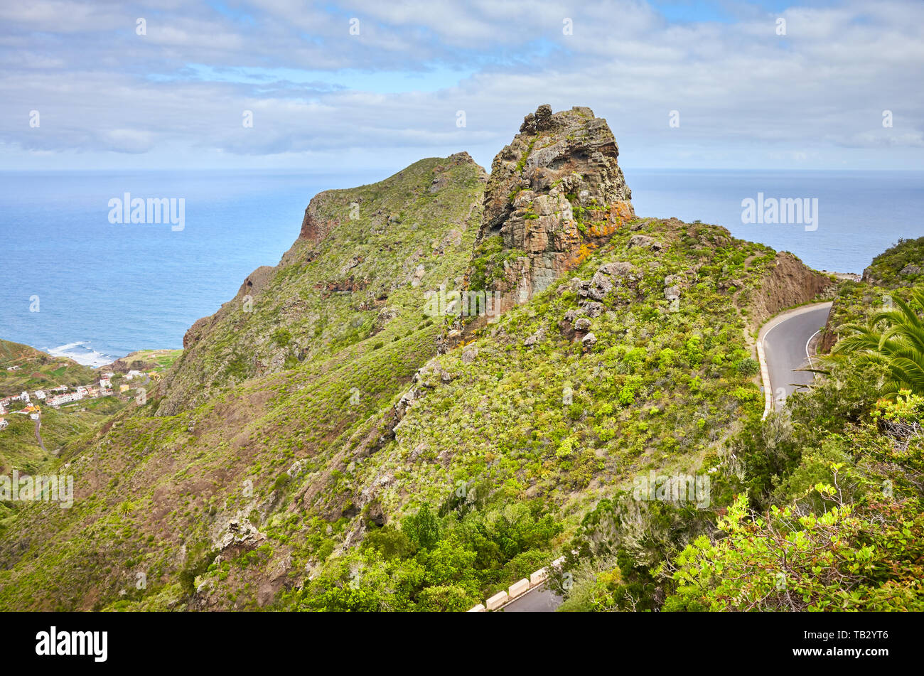 Anaga Rural Park scenic mountain landscape with Atlantic Ocean in distance, Tenerife, Spain. Stock Photo