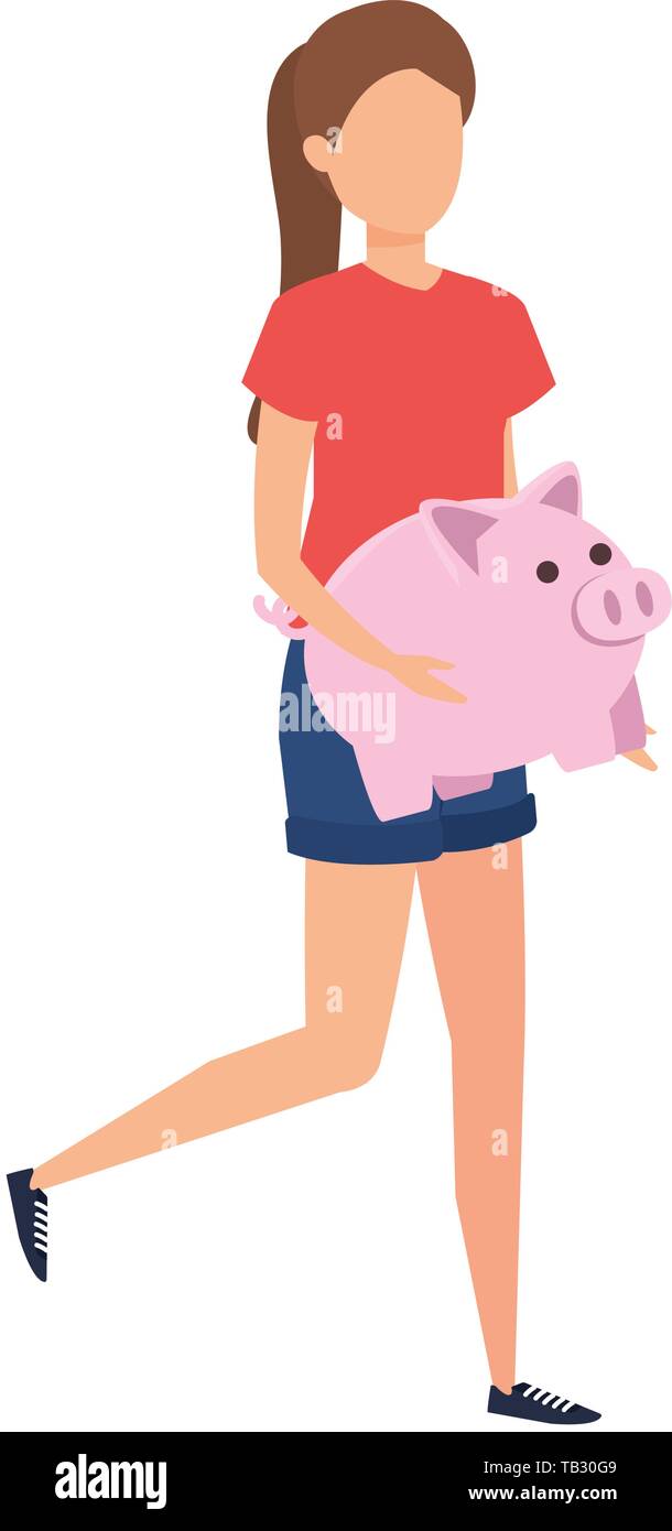 young woman lifting piggy savings character Stock Vector Image & Art ...
