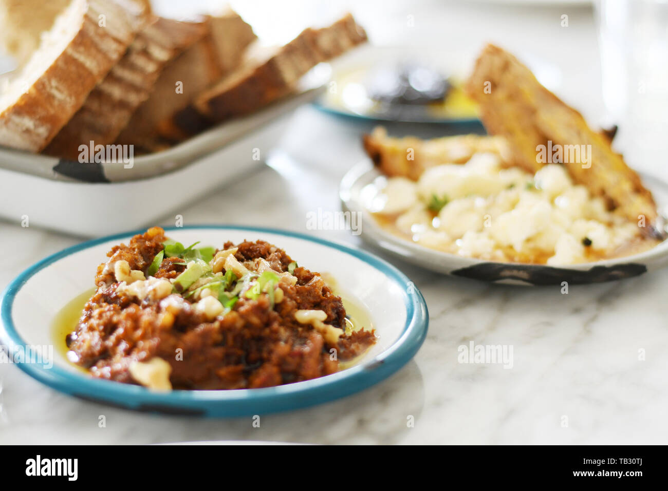 Turkish breakfast with various plates on a table Stock Photo