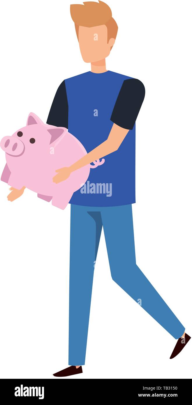 young man lifting piggy savings character Stock Vector Image & Art - Alamy