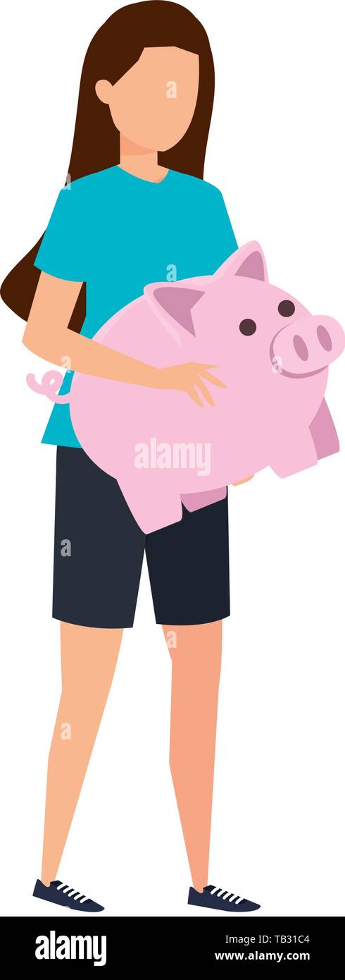 young woman lifting piggy savings character Stock Vector Image & Art ...