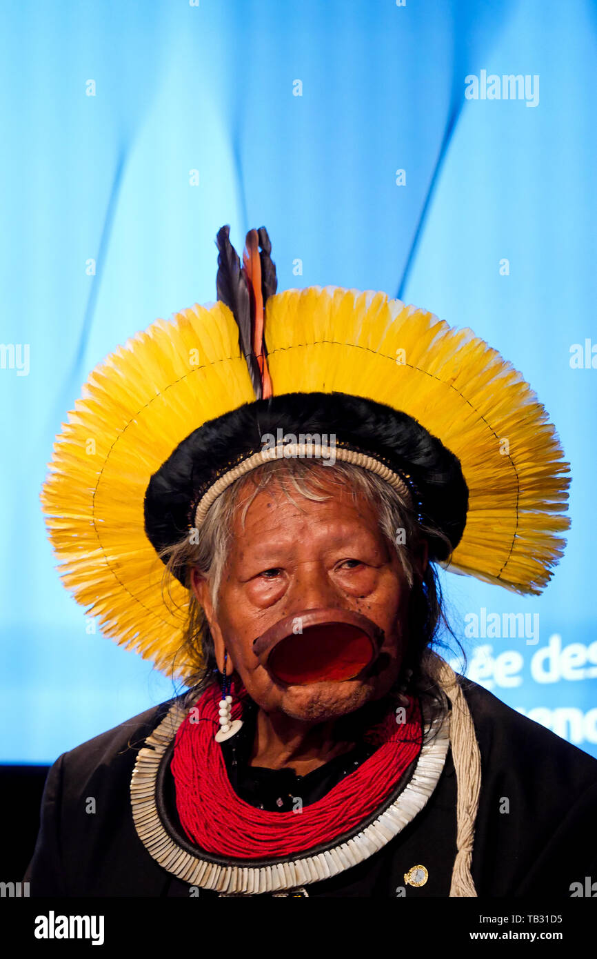 Portrait of Brazil's indigenous chief Raoni Metuktire, Lyon, France Stock Photo